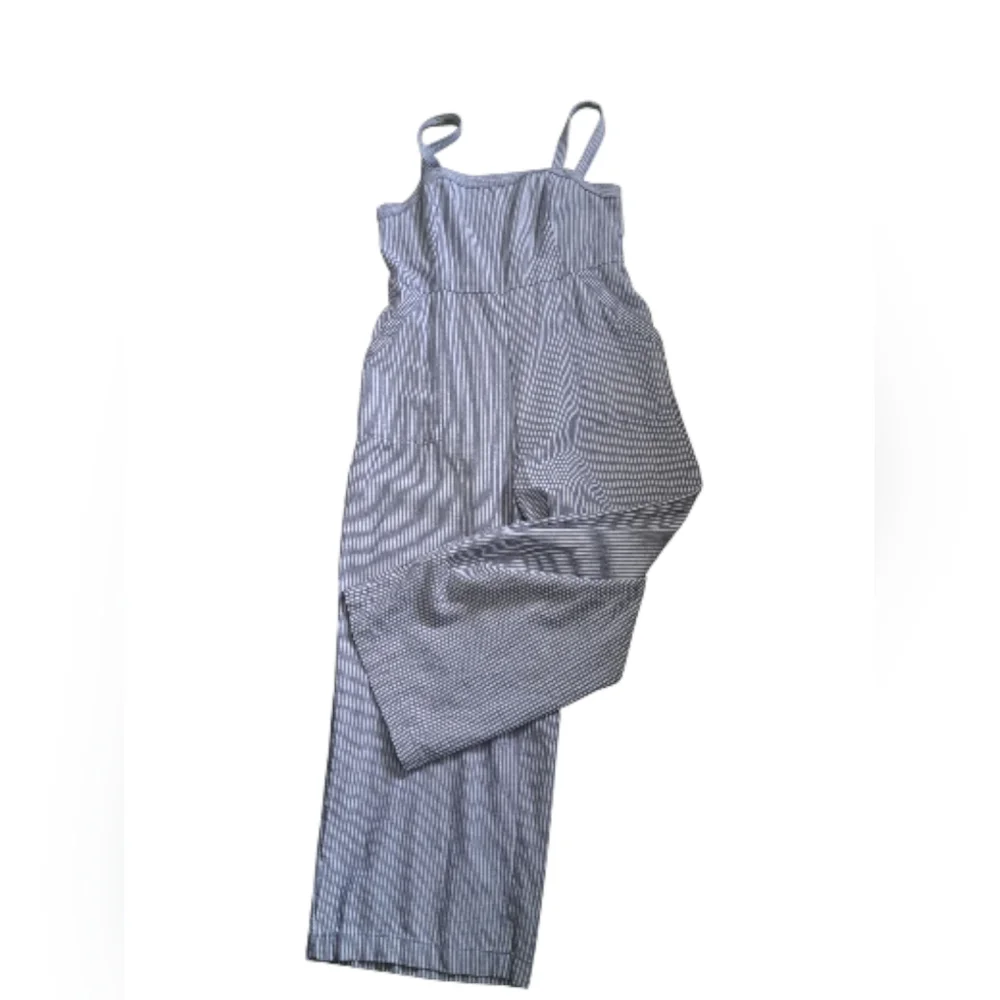 LINEN BLEND wide leg ankle jumper romper one piece stripe smocked coastal Sz L - Picture 2 of 7